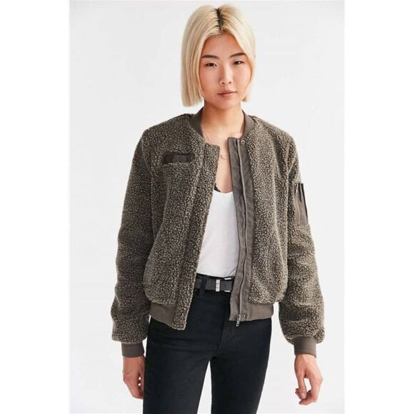 BDG Urban Outfitters Fleece Chunky Teddy Bomber Jacket Large Sherpa Dark Olive - Picture 1 of 14